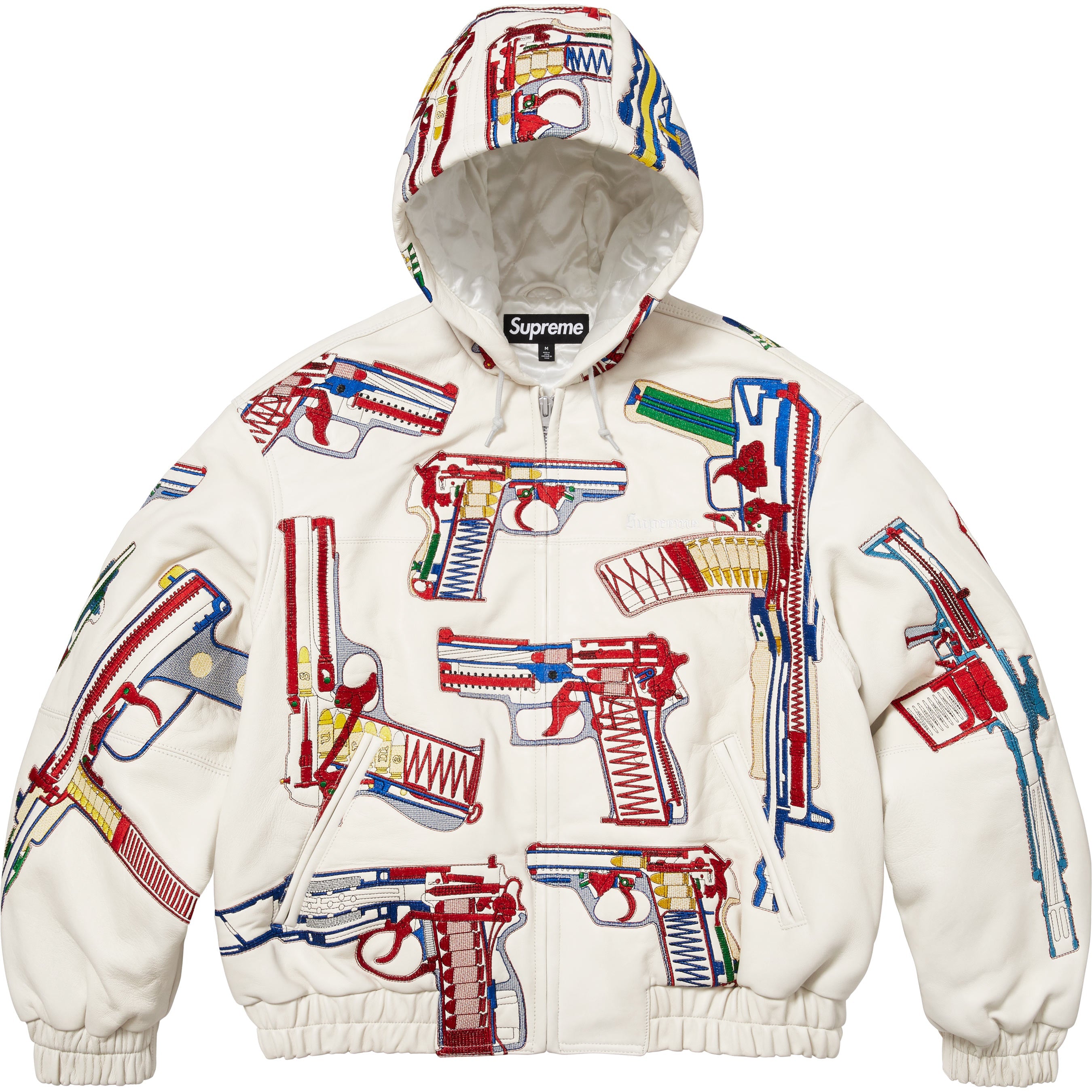Guns Embroidered Hooded Leather Jacket view 10